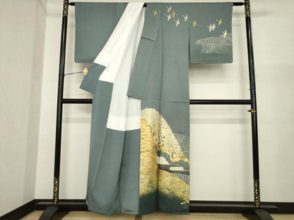 平和屋着物●訪問着　作家物　遠山重ね花文　金彩　金通し地　正絹　逸品　AABI7963ck
