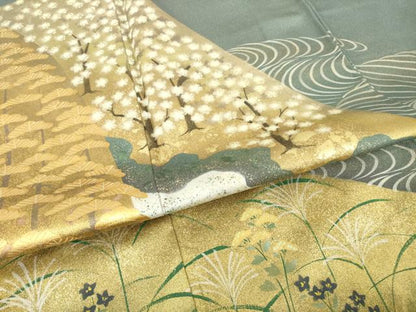 平和屋着物●訪問着　作家物　遠山重ね花文　金彩　金通し地　正絹　逸品　AABI7963ck