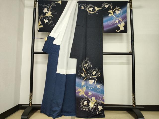 平和屋着物●訪問着　花唐草文　暈し染め　金彩　銀通し地　正絹　逸品　AABI7970ck