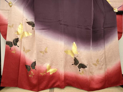 平和屋着物●豪華振袖　舞蝶文　暈し染め　金彩　正絹　逸品　AABI7972ck