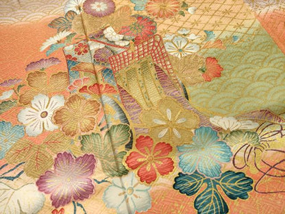 平和屋着物●豪華振袖　若紫　駒刺繍　御所車花文　金彩　正絹　逸品　AABI7976ck