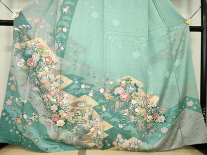 平和屋着物●訪問着　松皮菱鴛鴦花文　正絹　逸品　AABI7991ck