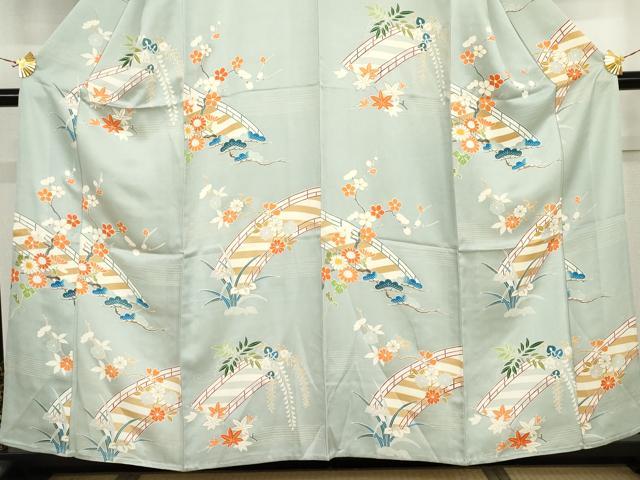平和屋着物▽訪問着　単衣　渡り橋松竹梅文　金彩　正絹　逸品　AABI8002cs