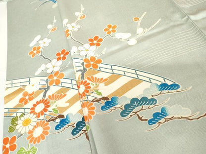 平和屋着物▽訪問着　単衣　渡り橋松竹梅文　金彩　正絹　逸品　AABI8002cs