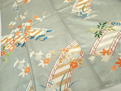 平和屋着物▽訪問着　単衣　渡り橋松竹梅文　金彩　正絹　逸品　AABI8002cs