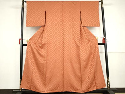平和屋着物▽上質な色無地　単衣　菱地紋　肉桂色　正絹　逸品　AABI8003cs