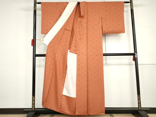 平和屋着物▽上質な色無地　単衣　菱地紋　肉桂色　正絹　逸品　AABI8003cs