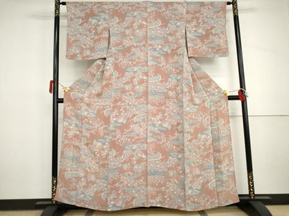 平和屋着物▽上質な小紋　単衣　雲取り草花文　鬼しぼ縮緬　正絹　逸品　AABI8014cs