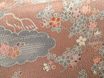 平和屋着物▽上質な小紋　単衣　雲取り草花文　鬼しぼ縮緬　正絹　逸品　AABI8014cs