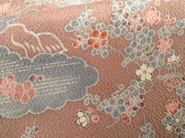 平和屋着物▽上質な小紋　単衣　雲取り草花文　鬼しぼ縮緬　正絹　逸品　AABI8014cs