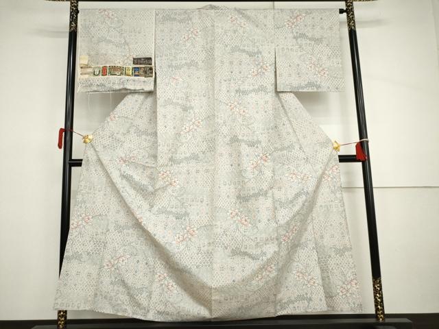 平和屋着物▽大島紬　単衣　更紗花唐草文　証紙付き　正絹　逸品　AABI8018cs