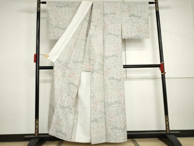 平和屋着物▽大島紬　単衣　更紗花唐草文　証紙付き　正絹　逸品　AABI8018cs