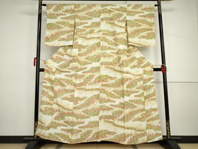 平和屋着物▽上質な小紋　単衣　手描き　草花文　暈し染め　正絹　逸品　AABI8021cs