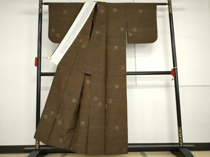 平和屋着物▽上質な紬　単衣　80亀甲　遠州椿　正絹　逸品　AABI8023cs