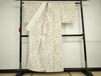 平和屋着物▽上質な紬　単衣　枝花文　正絹　逸品　AABI8025cs