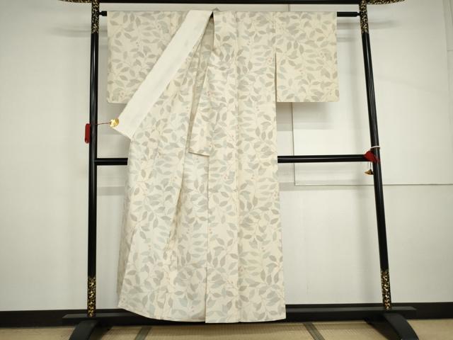 平和屋着物▽上質な紬　単衣　枝花文　正絹　逸品　AABI8025cs