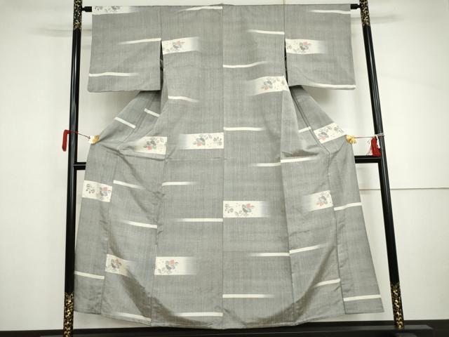 平和屋着物▽上質な紬　単衣　花蝶文　正絹　逸品　AABI8026cs