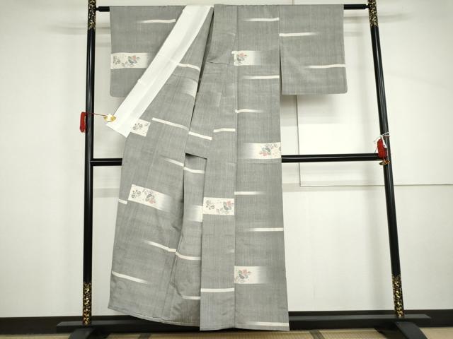 平和屋着物▽上質な紬　単衣　花蝶文　正絹　逸品　AABI8026cs