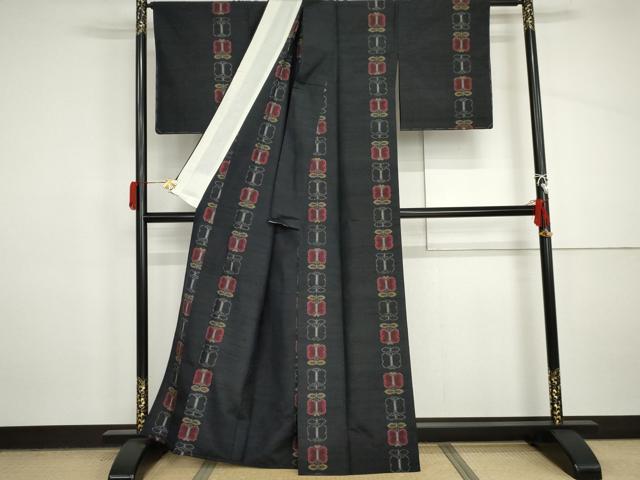 平和屋着物▽上質な紬 　単衣　遠州椿　黒地 　正絹　逸品　未使用　AABI8027cs