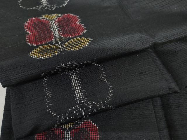 平和屋着物▽上質な紬 　単衣　遠州椿　黒地 　正絹　逸品　未使用　AABI8027cs