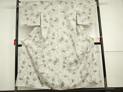 平和屋着物▽上質な紬　単衣　葉尽くし　正絹　逸品　AABI8028cs