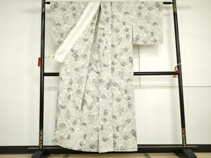 平和屋着物▽上質な紬　単衣　葉尽くし　正絹　逸品　AABI8028cs