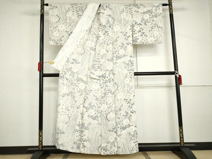 平和屋着物▽上質な小紋　単衣　手描き　竜田川　土車　正絹　逸品　AABI8029cs
