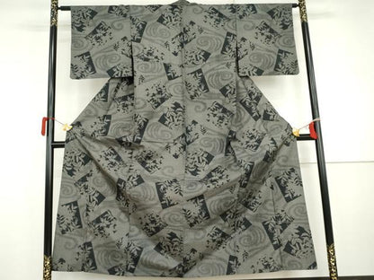 平和屋着物▽上質な紬　単衣　色紙枝葉文　黒地　正絹　逸品　AABI8031cs