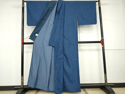 平和屋着物▽デニム着物　単衣　レース　色無地　瑠璃色　AABI8032cs