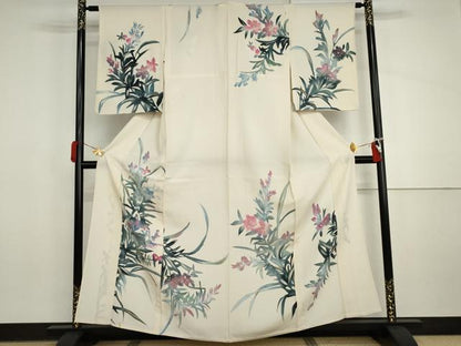 平和屋着物▽訪問着　単衣　手描き　草花文　金彩　正絹　逸品　AABI8035cs