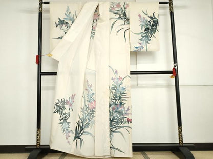 平和屋着物▽訪問着　単衣　手描き　草花文　金彩　正絹　逸品　AABI8035cs