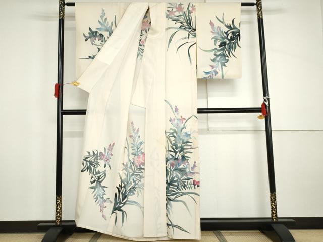平和屋着物▽訪問着　単衣　手描き　草花文　金彩　正絹　逸品　AABI8035cs