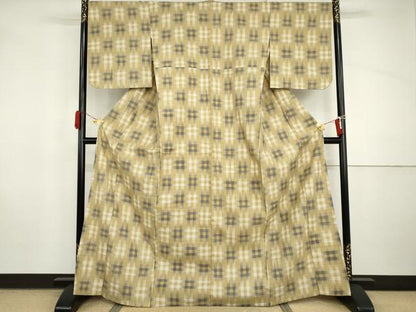 平和屋着物▽上質な紬　単衣　格子　正絹　逸品　AABI8038cs