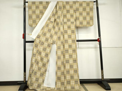 平和屋着物▽上質な紬　単衣　格子　正絹　逸品　AABI8038cs