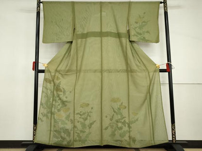 平和屋着物▽訪問着　単衣　紗×紗　枝花文　金彩　正絹　逸品　AABI8040cs