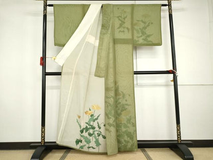 平和屋着物▽訪問着　単衣　紗×紗　枝花文　金彩　正絹　逸品　AABI8040cs