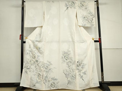 平和屋着物▽訪問着　単衣　手描き　地紋起こし　枝花文　正絹　逸品　AABI8041cs