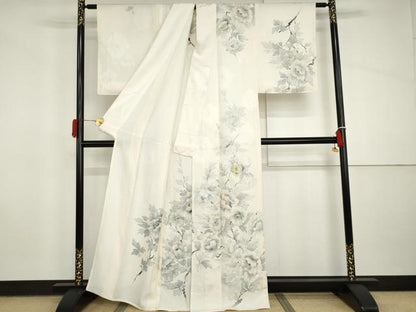 平和屋着物▽訪問着　単衣　手描き　地紋起こし　枝花文　正絹　逸品　AABI8041cs