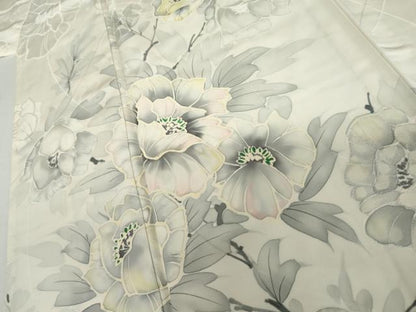 平和屋着物▽訪問着　単衣　手描き　地紋起こし　枝花文　正絹　逸品　AABI8041cs