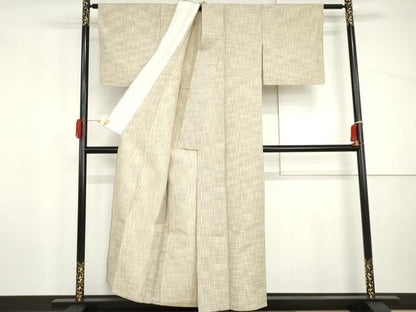 平和屋着物▽上質な紬　単衣　格子　正絹　逸品　未使用　AABI8044cs