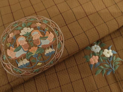 平和屋着物▽訪問着　単衣　紬地　総刺繍　双鳥花丸文　金糸　正絹　逸品　未使用　AABI8047cs