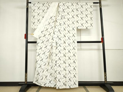 平和屋着物▽上質な紬　単衣　十字　正絹　逸品　AABI8048cs