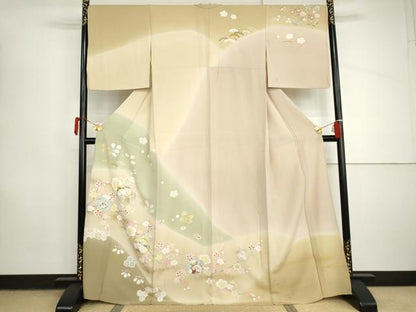 平和屋着物▽訪問着　単衣　友禅　花鼓文　枝梅　暈し染め　金銀彩　正絹　逸品　AABI8049cs