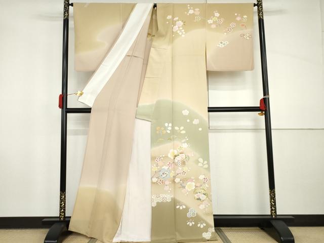 平和屋着物▽訪問着　単衣　友禅　花鼓文　枝梅　暈し染め　金銀彩　正絹　逸品　AABI8049cs