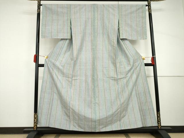 平和屋着物▽上質な紬 　単衣　 縞　正絹　逸品　未使用　AABI8054cs