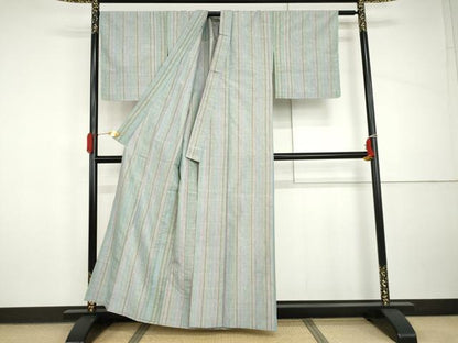平和屋着物▽上質な紬 　単衣　 縞　正絹　逸品　未使用　AABI8054cs