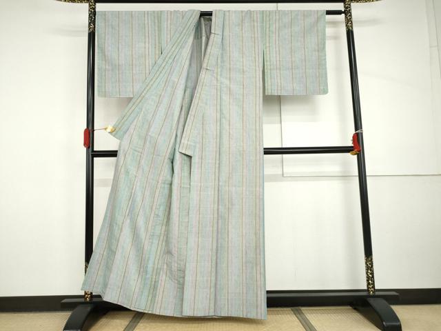 平和屋着物▽上質な紬 　単衣　 縞　正絹　逸品　未使用　AABI8054cs