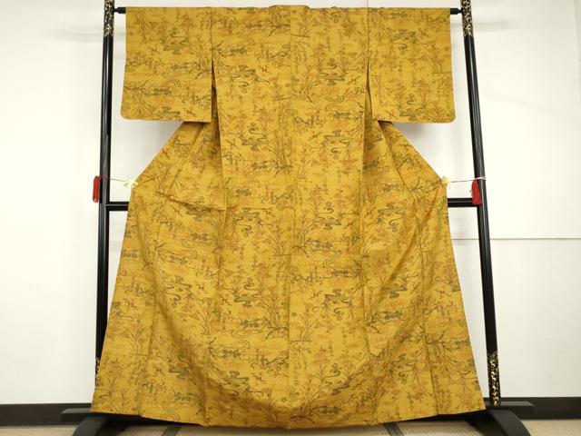 平和屋着物▽上質な紬　単衣　流水松竹梅文　正絹　逸品　AABI8055cs