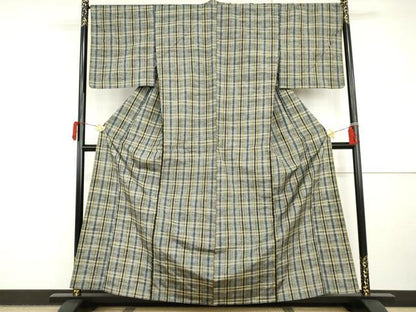 平和屋着物▽上質な紬　単衣　格子　正絹　逸品　AABI8057cs