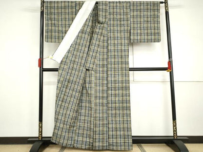 平和屋着物▽上質な紬　単衣　格子　正絹　逸品　AABI8057cs